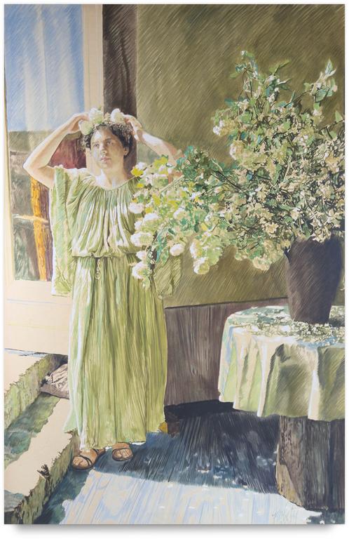 Claude Grobéty, Robe verte, pose fleurs dans les cheveux, grand bouquet - 1980