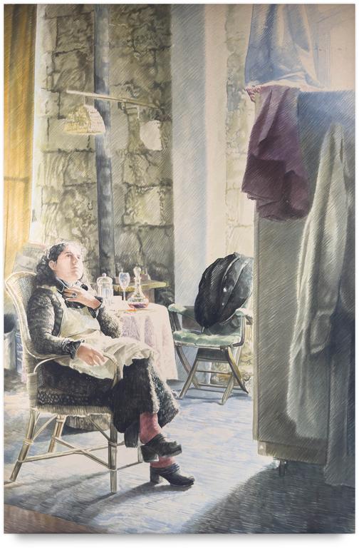 Claude Grobéty, Robe chat, fauteuil rotin chambre noire devant la fenêtre - circa 1982