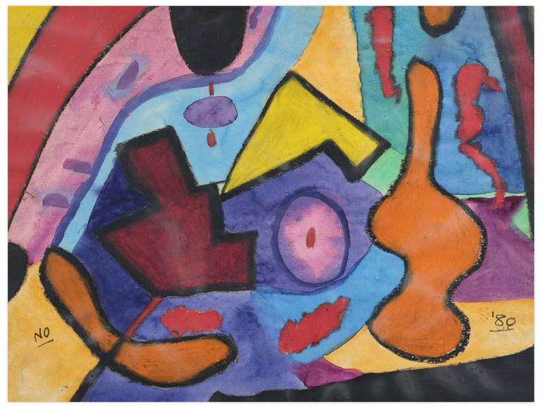 Catalogue raisonné, Norris Embry, Sans titre (Composition abstraite, orange, bleu, bordeaux), 1980