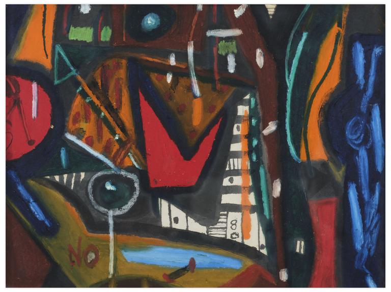 Catalogue raisonné, Norris Embry, Sans titre (Composition abstraite, forme rouge et rayures), 1980