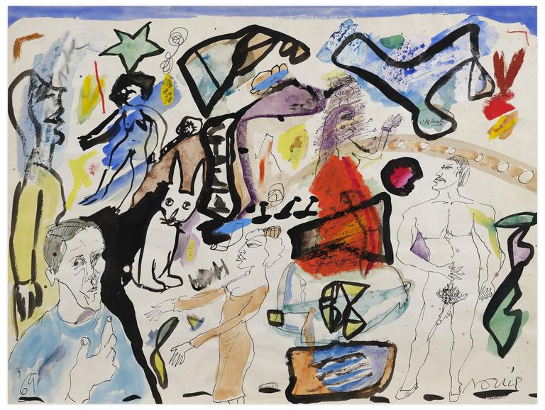 Catalogue raisonné, Norris Embry, Sans titre (Homme nu debout, Femme en robe de profil et chien), 1969