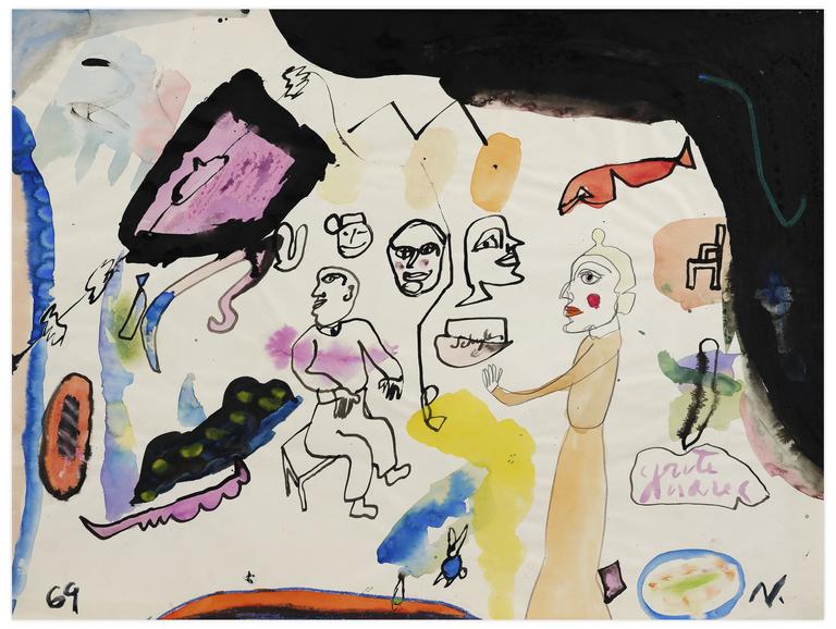 Catalogue raisonné, Norris Embry, Sans titre (Femme en robe orange, homme assis, trois visages), 1969