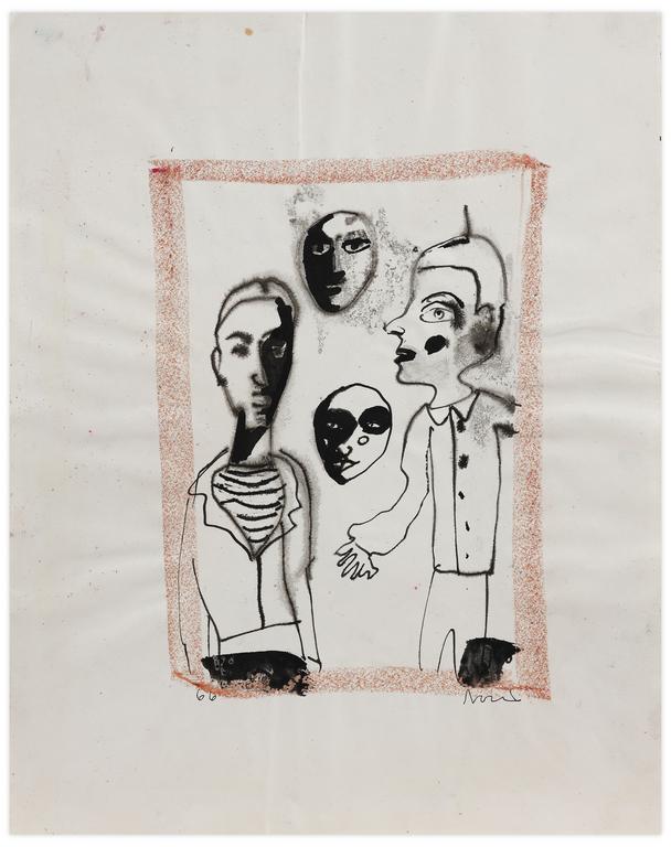 Catalogue raisonné, Norris Embry, Sans titre (Deux hommes à mi-corp et deux masques), 1966