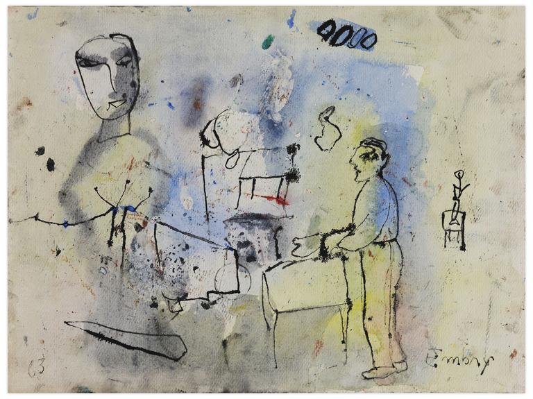 Catalogue raisonné, Norris Embry, Sans titre (Homme debout de profil, tables), 1963