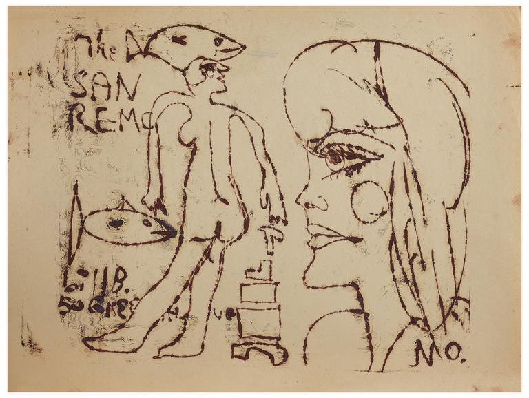 Catalogue raisonné, Norris Embry, The San Remo (Figure debout, femme de profil et deux poissons), vers 1961