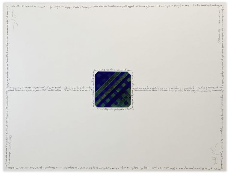 Catalogue raisonné, Henri Maccheroni, Sans titre, œuvre croisée avec Michel Butor, Cartouche ; Egypte-bleu 3ème série - circa 1989
