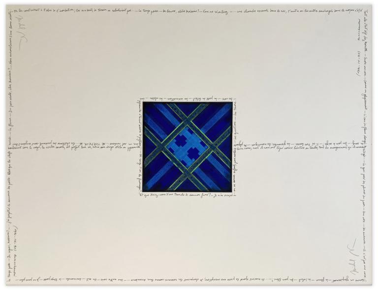 Catalogue raisonné, Henri Maccheroni, Sans titre, œuvre croisée avec Michel Butor, Cartouche ; Egypte-bleu 3ème série - circa 1989
