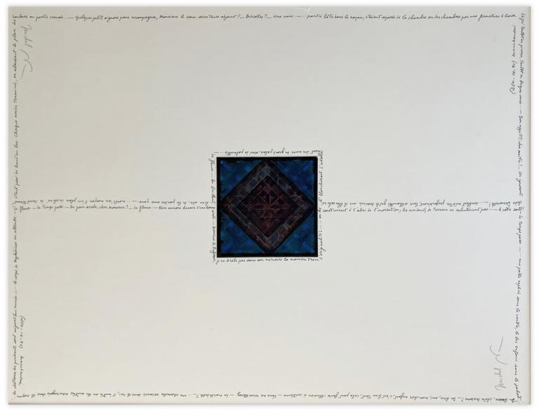 Catalogue raisonné, Henri Maccheroni, Sans titre, œuvre croisée avec Michel Butor, Cartouche, Egypte-bleu 3ème série - circa 1989
