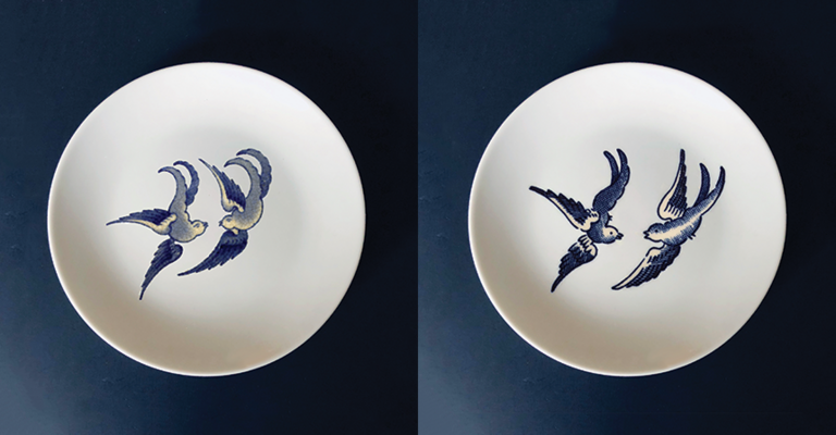 Blue Willow Bird 1 & 2, 2019, custom ceramic decal on a ceramic plate, 6â in diameter