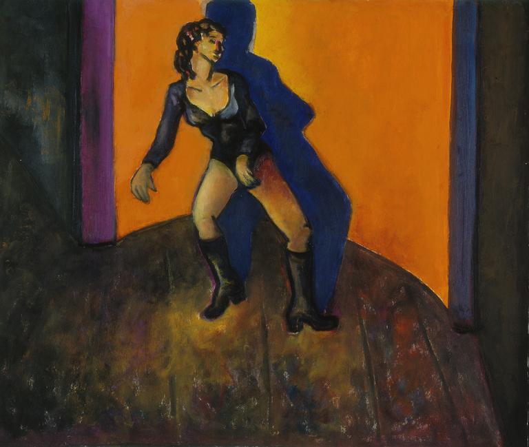 Catalogue raisonné, Brigitte Moreau Serre, Femme en justaucorps sur fond orangé