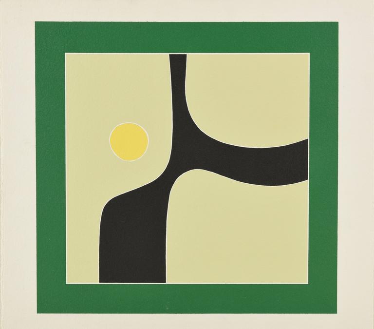 Jean Legros, Pochoir Composition, arabesque noire et cercle jaune, 1972