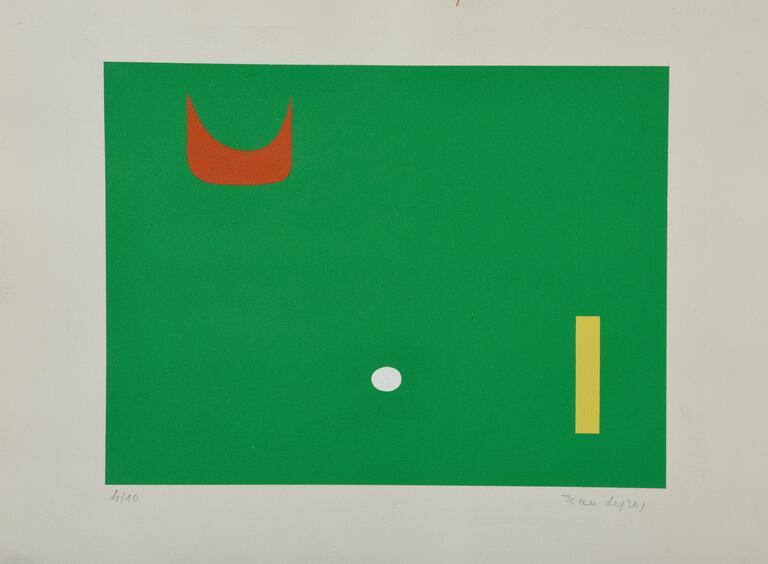 Jean Legros, Pochoir (fond vert, point blanc, rectangle jaune, forme rouge)