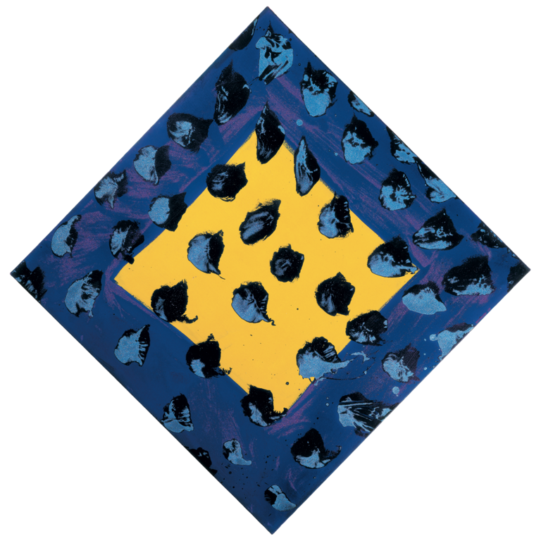 Catalogue raisonné, Robert Malaval, Carré Jaune, cadre bleu, taché bleu ciel - 1980