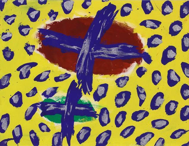 Catalogue raisonné, Robert Malaval, Sans titre, fond jaune, croix bleues - 1980