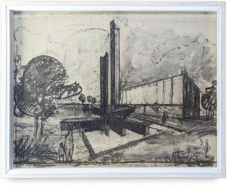 Catalogue raisonné, Francesco Marino di Teana, Dibujo al Carbon 1 - Dessin d’étude d’une sculpture dans son contexte architectural — 1958 - 1960