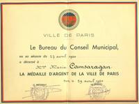 Médaille d'Argent Ville de Paris 1960 Diplôme