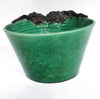 Grand seau céramique émaillée vert foncé avec feuille H=13 cm, D=23 cm 