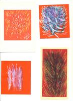 Quatre dessins série filaments sur fond rouge (planche A4) 