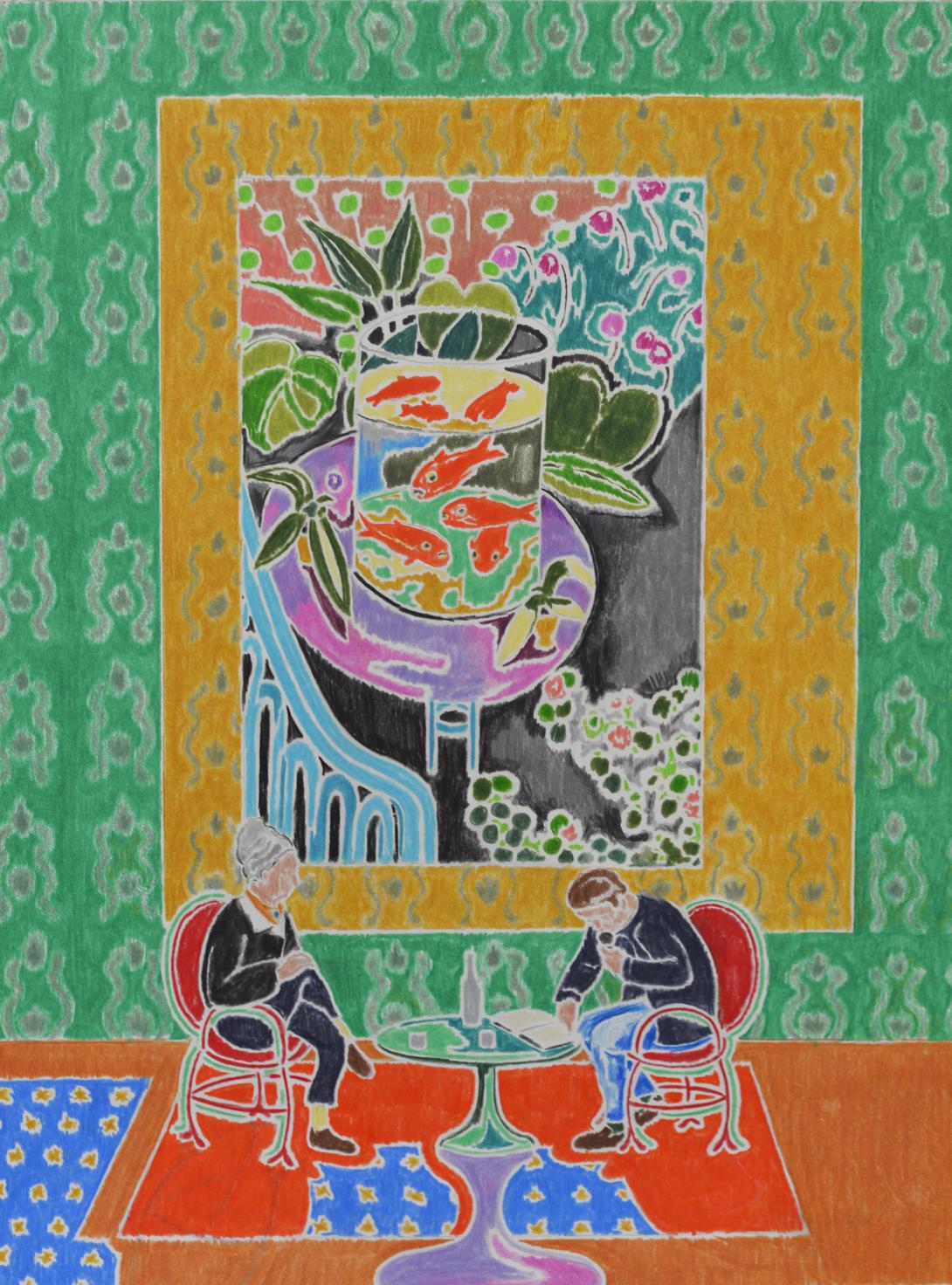 José Cori, A conversation with goldfish, 2022 colored pencils on paper