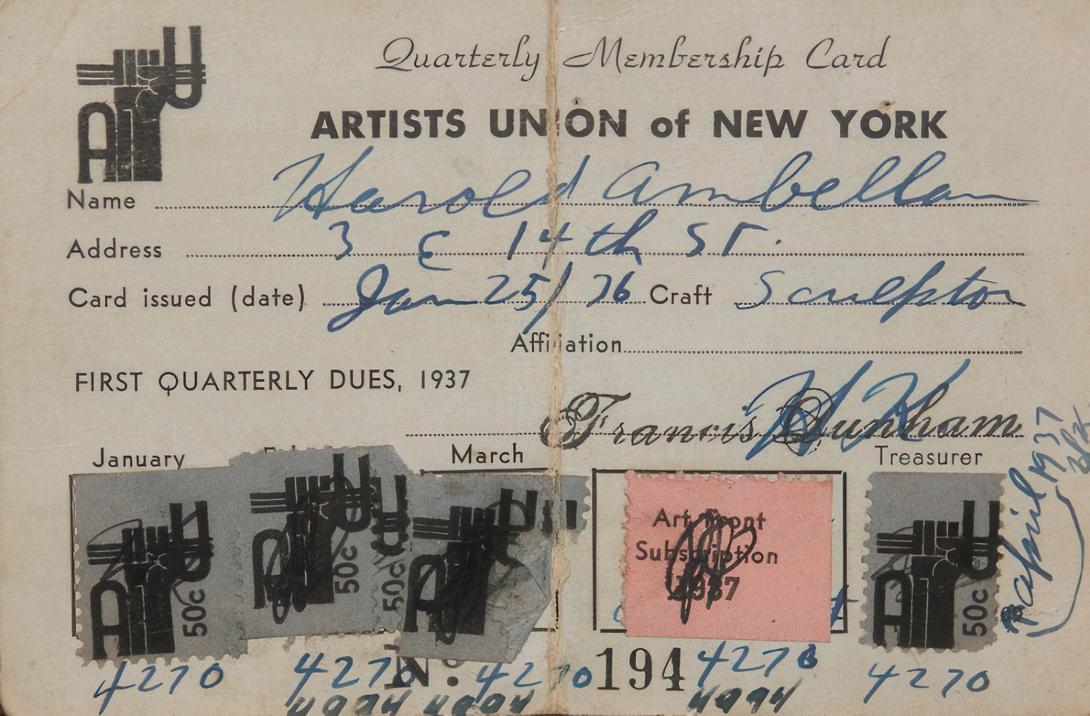 Member card of artists union of New York