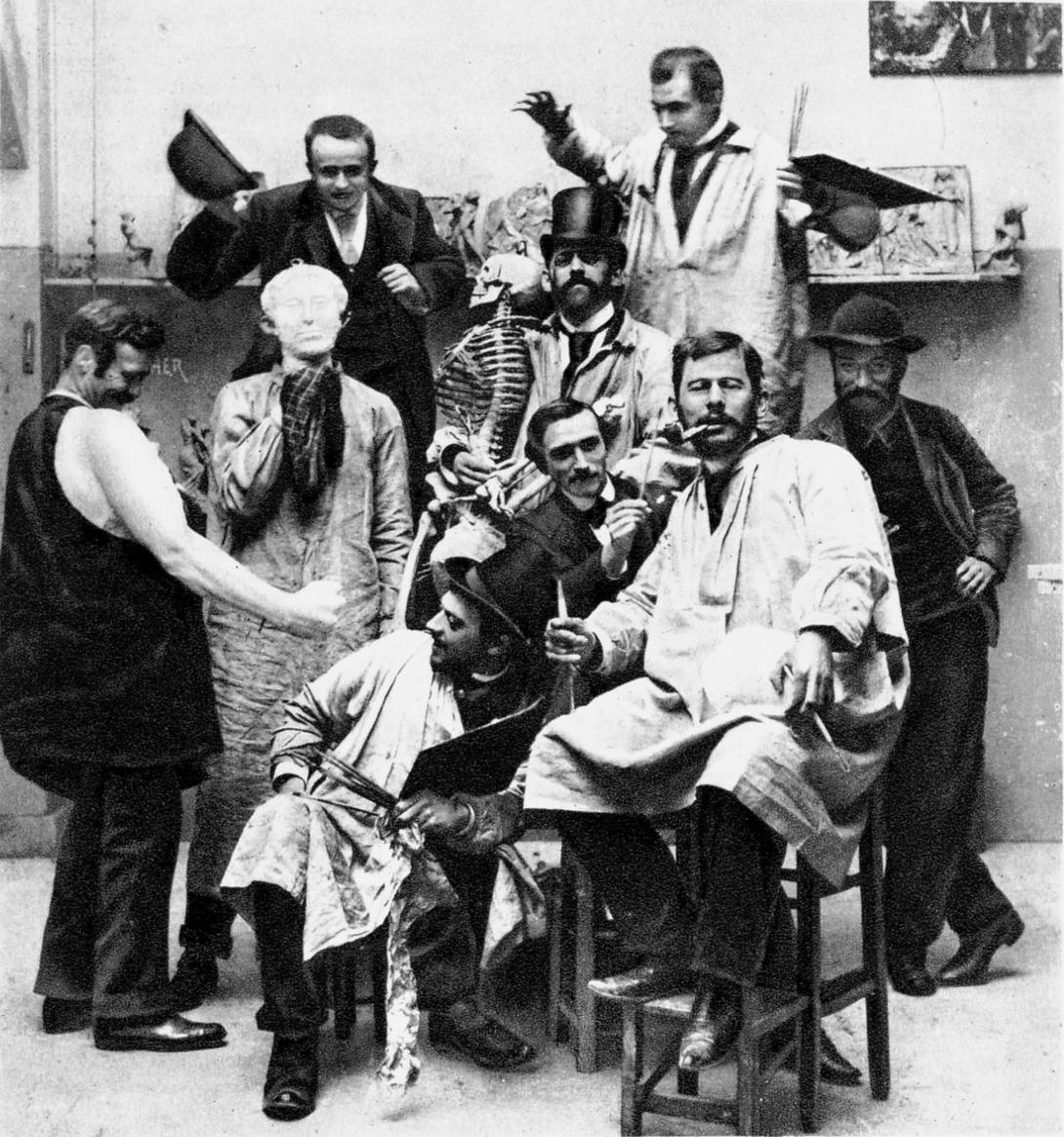 Atelier L. Doucet et Jean-Paul Laurens avec Henri Bataille et Gustave Stoskopf, circa 1890.