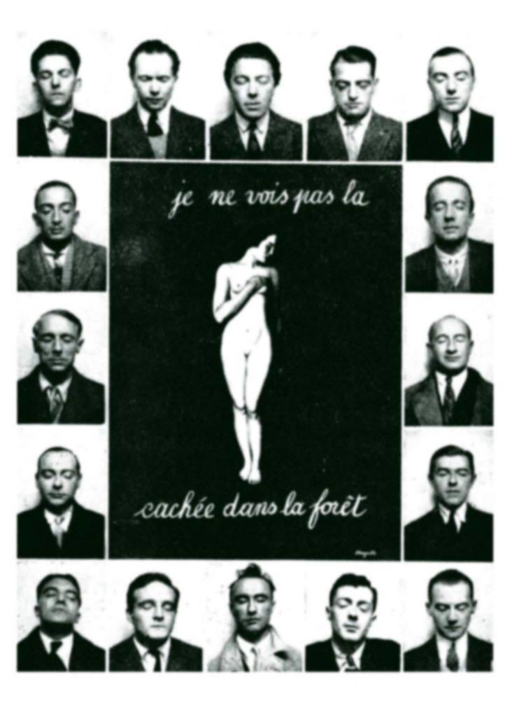 De haut en bas et de gauche à droite, Maxime Alexandre, Louis Aragon, André Breton, Luis Bunuel, Jean Caupenne, Salavador Dalí, Paul Eluard, Max Ernst, Marcel Fourrier, Camille Goemans, René Magritte, Paul Nougé, Georges Sadoul, Yves Tanguy, André Thirion, Albert Valentin.